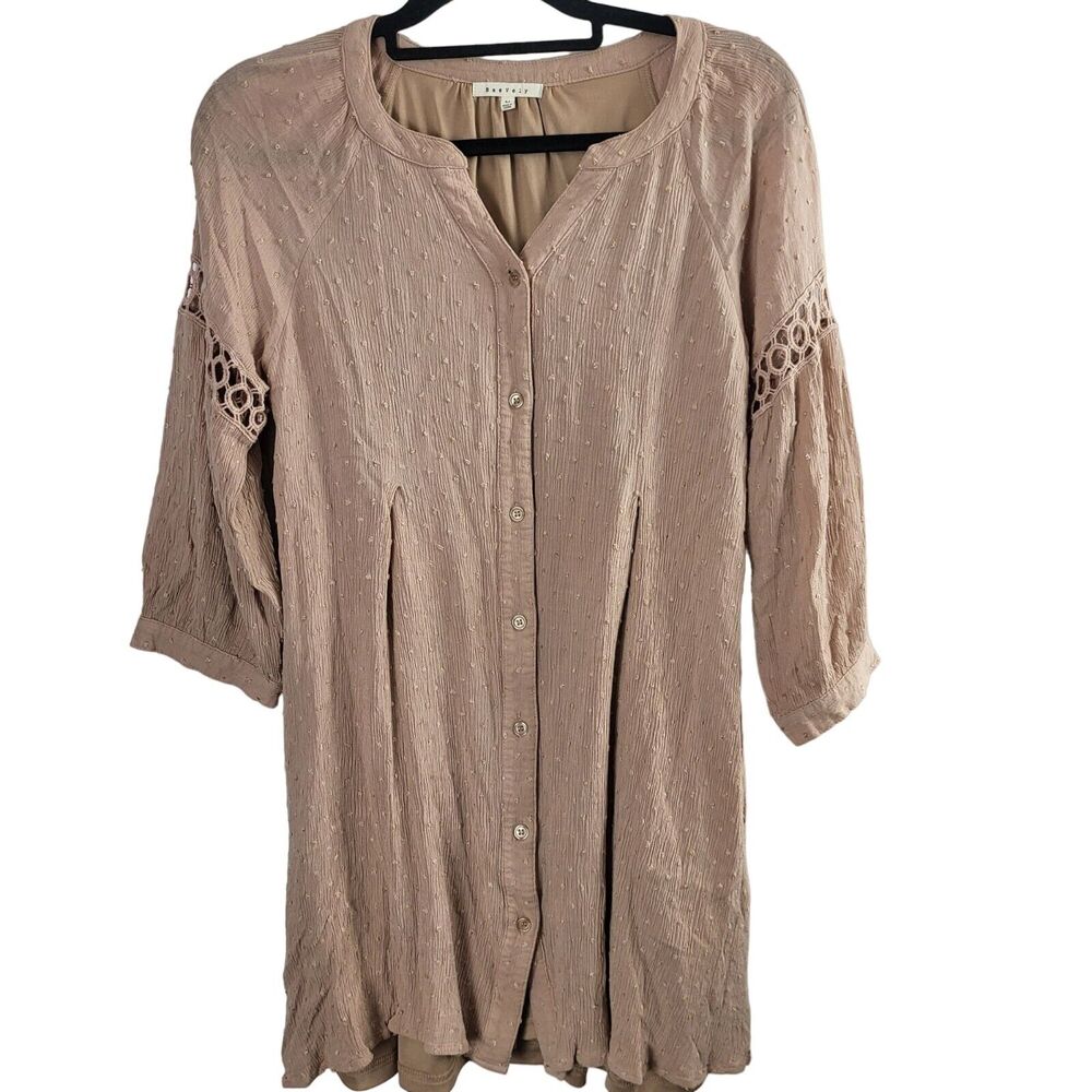 Bravenly Tunic Dress M Womens Button Front‎ Half Sleeve Tan Pullover Lined Boho